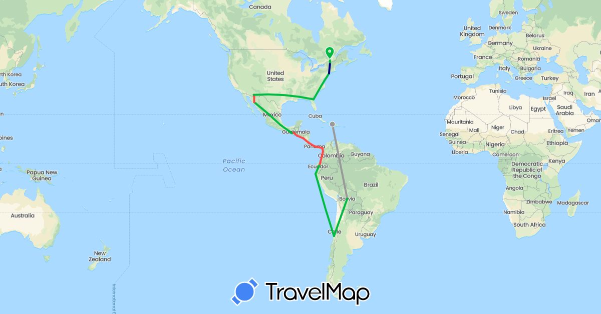 TravelMap itinerary: driving, bus, plane, hiking in Bolivia, Canada, Chile, Colombia, Costa Rica, Ecuador, Guatemala, Haiti, Mexico, Nicaragua, Panama, Peru, El Salvador, United States (North America, South America)